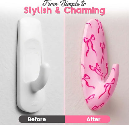 Adhesive Wall Hanging Hooks | Pack of 3 Cute Print Wall Hooks with Heavy Duty Stick-On Strips that Hold Up to 3lbs, Easy to Install Hanging Hook for Walls (Pink Bow)