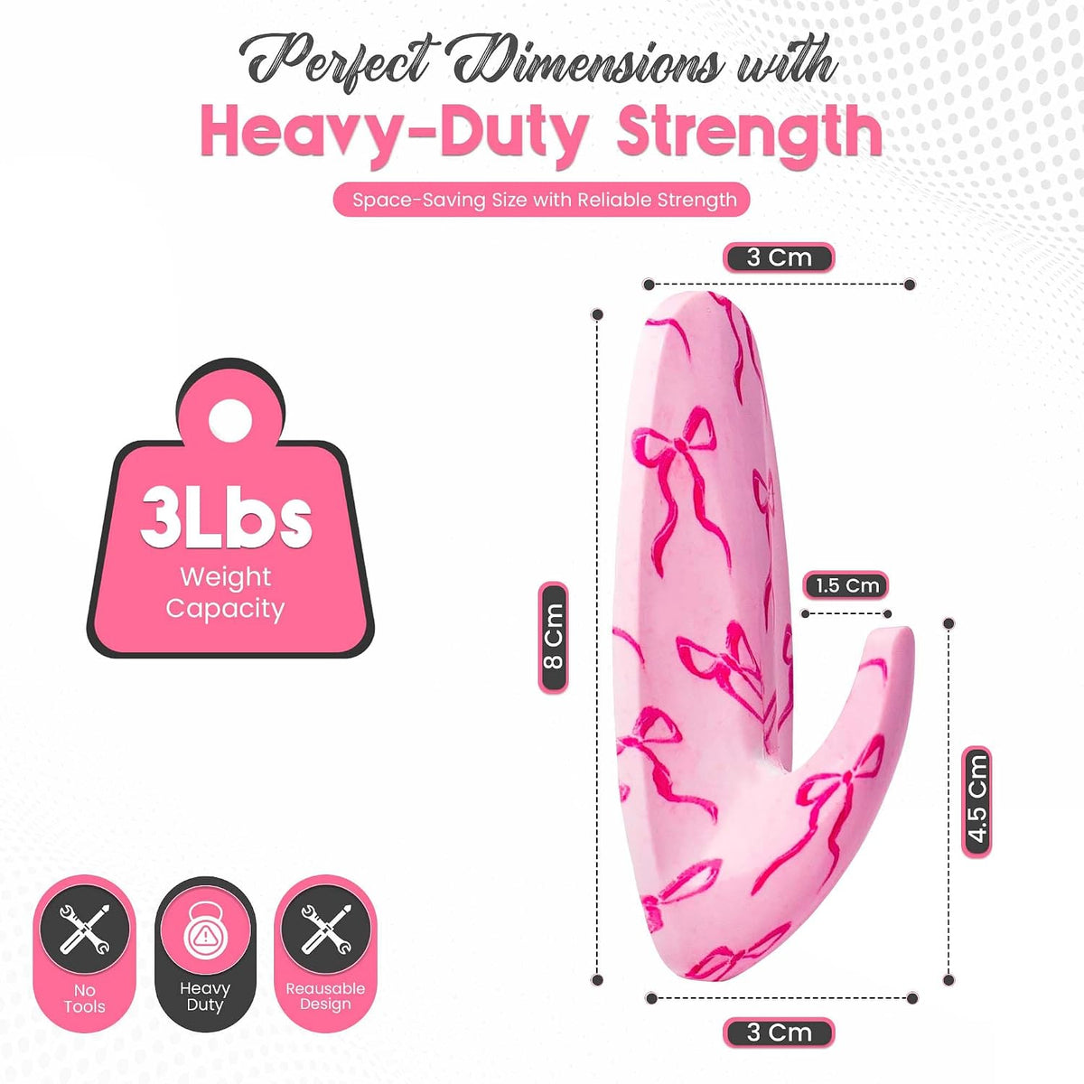 Adhesive Wall Hanging Hooks | Pack of 3 Cute Print Wall Hooks with Heavy Duty Stick-On Strips that Hold Up to 3lbs, Easy to Install Hanging Hook for Walls (Pink Bow)