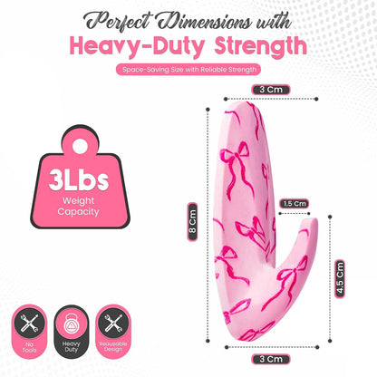 Adhesive Wall Hanging Hooks | Pack of 3 Cute Print Wall Hooks with Heavy Duty Stick-On Strips that Hold Up to 3lbs, Easy to Install Hanging Hook for Walls (Pink Bow)