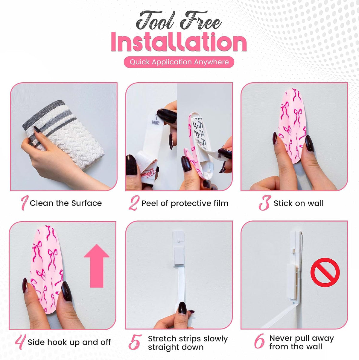 Adhesive Wall Hanging Hooks | Pack of 3 Cute Print Wall Hooks with Heavy Duty Stick-On Strips that Hold Up to 3lbs, Easy to Install Hanging Hook for Walls (Pink Bow)