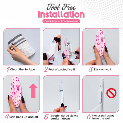 Adhesive Wall Hanging Hooks | Pack of 3 Cute Print Wall Hooks with Heavy Duty Stick-On Strips that Hold Up to 3lbs, Easy to Install Hanging Hook for Walls (Pink Bow)