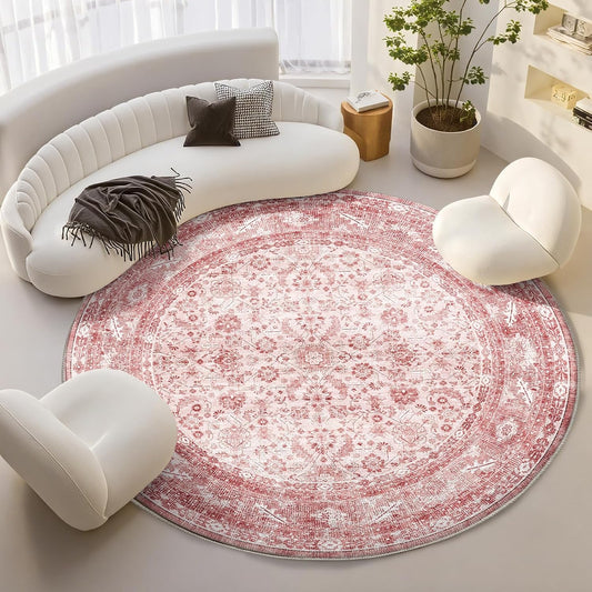 Vintage Pink Area Rugs 6' Round, Washable Rug for Living Room