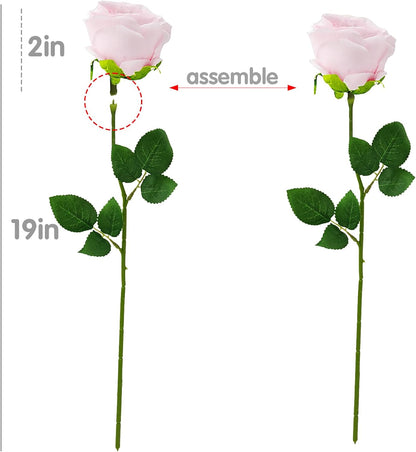 12PCS Pink Artificial Roses with Long Stems, Silk Faux Flowers