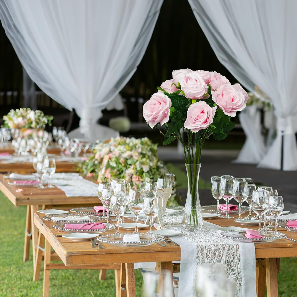 12PCS Pink Artificial Roses with Long Stems, Silk Faux Flowers