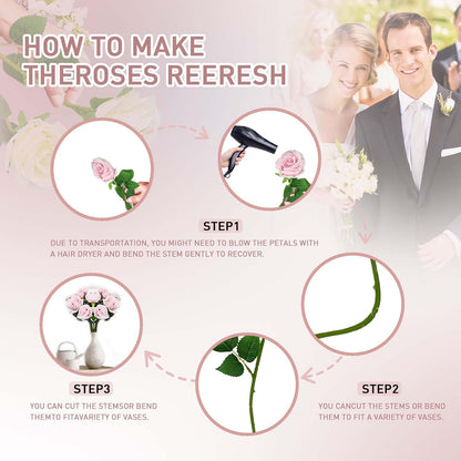 12PCS Pink Artificial Roses with Long Stems, Silk Faux Flowers