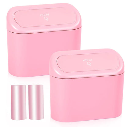 Pink Car Trash Can with Lid - 2 Pack, Mini Auto Garbage Can with 60 Trash Bags, Leakproof Automotive Garbage Container Bin, Multipurpose Organizers and Storage for Car, Home, Office (Pink)