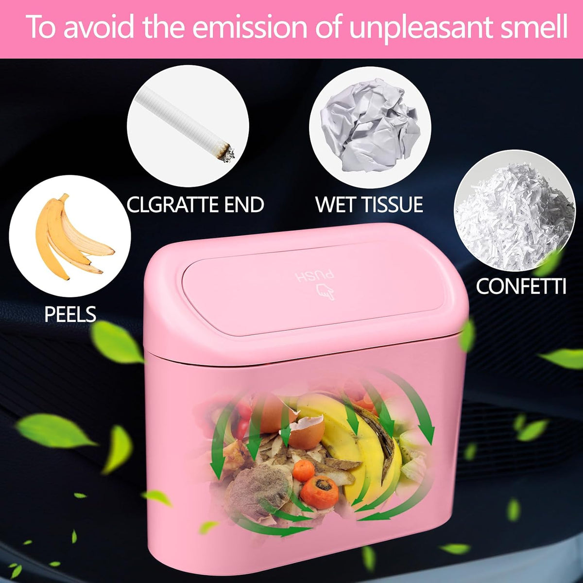 Pink Car Trash Can with Lid - 2 Pack, Mini Auto Garbage Can with 60 Trash Bags, Leakproof Automotive Garbage Container Bin, Multipurpose Organizers and Storage for Car, Home, Office (Pink)
