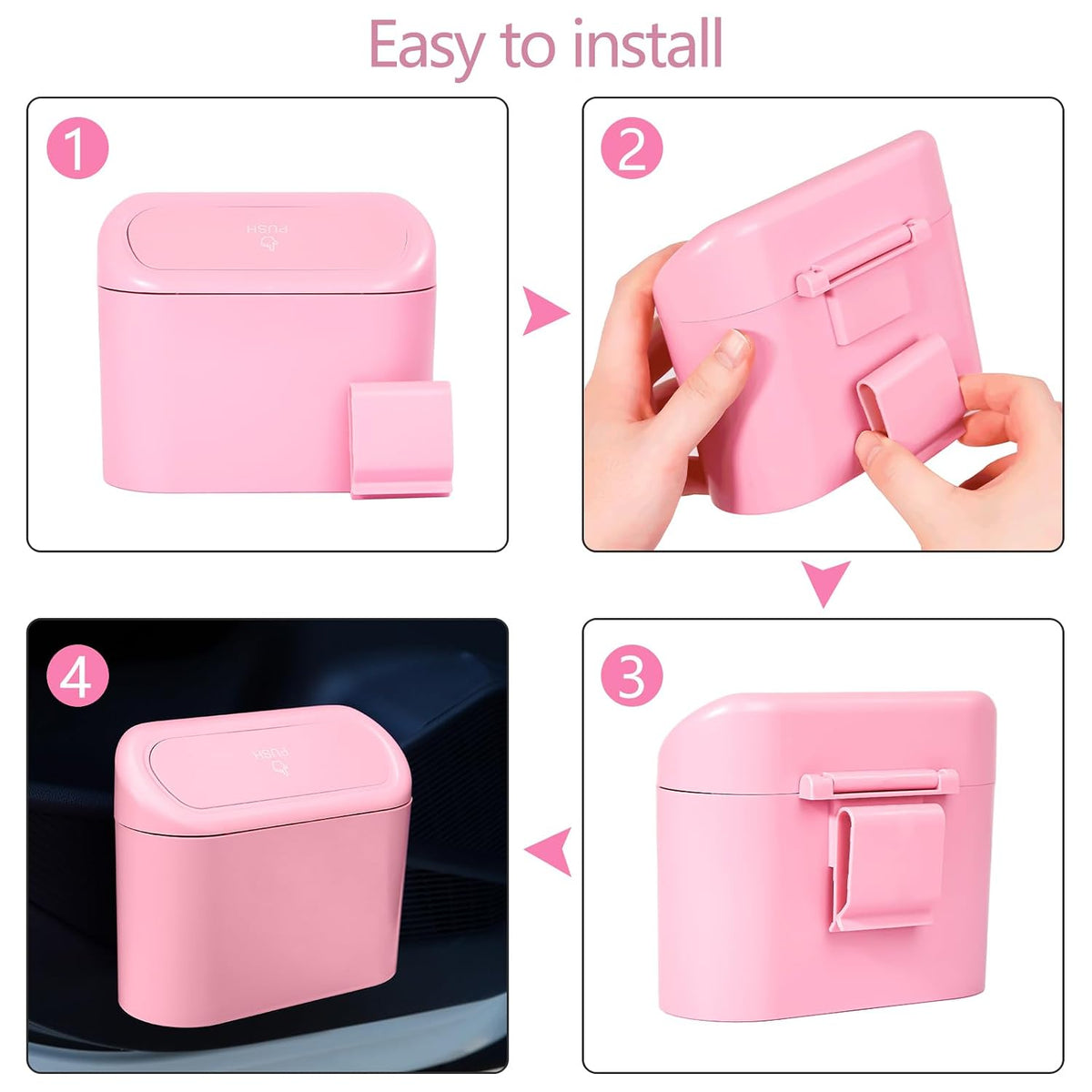 Pink Car Trash Can with Lid - 2 Pack, Mini Auto Garbage Can with 60 Trash Bags, Leakproof Automotive Garbage Container Bin, Multipurpose Organizers and Storage for Car, Home, Office (Pink)