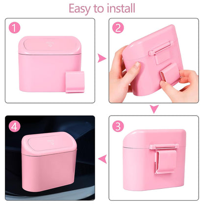 Pink Car Trash Can with Lid - 2 Pack, Mini Auto Garbage Can with 60 Trash Bags, Leakproof Automotive Garbage Container Bin, Multipurpose Organizers and Storage for Car, Home, Office (Pink)