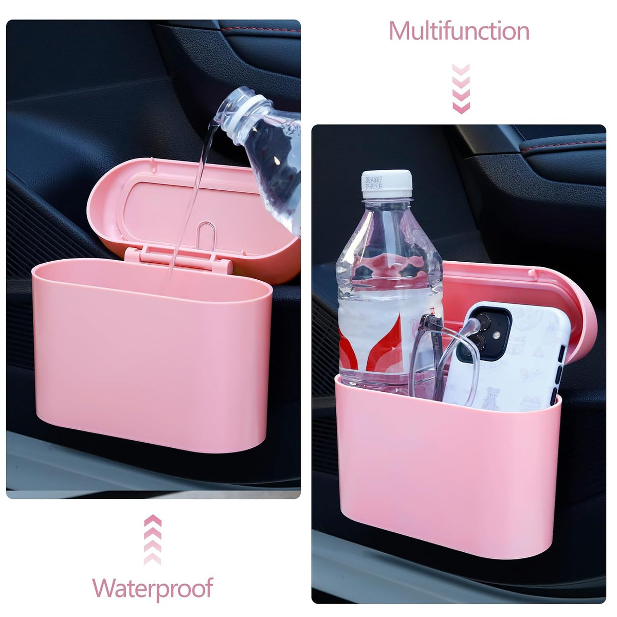Pink Car Trash Can with Lid - 2 Pack, Mini Auto Garbage Can with 60 Trash Bags, Leakproof Automotive Garbage Container Bin, Multipurpose Organizers and Storage for Car, Home, Office (Pink)