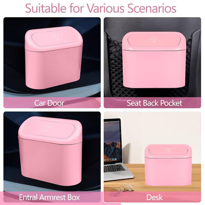 Pink Car Trash Can with Lid - 2 Pack, Mini Auto Garbage Can with 60 Trash Bags, Leakproof Automotive Garbage Container Bin, Multipurpose Organizers and Storage for Car, Home, Office (Pink)
