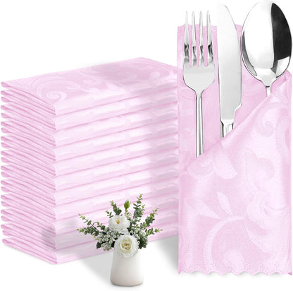 12 Pack Blush Pink Satin Napkins 17 x 17 Inch - Silky Soft Jacquard Damask Table Cloth Set, Square Fabric Dinner Napkins for Wedding, Banquet, Party Decoration