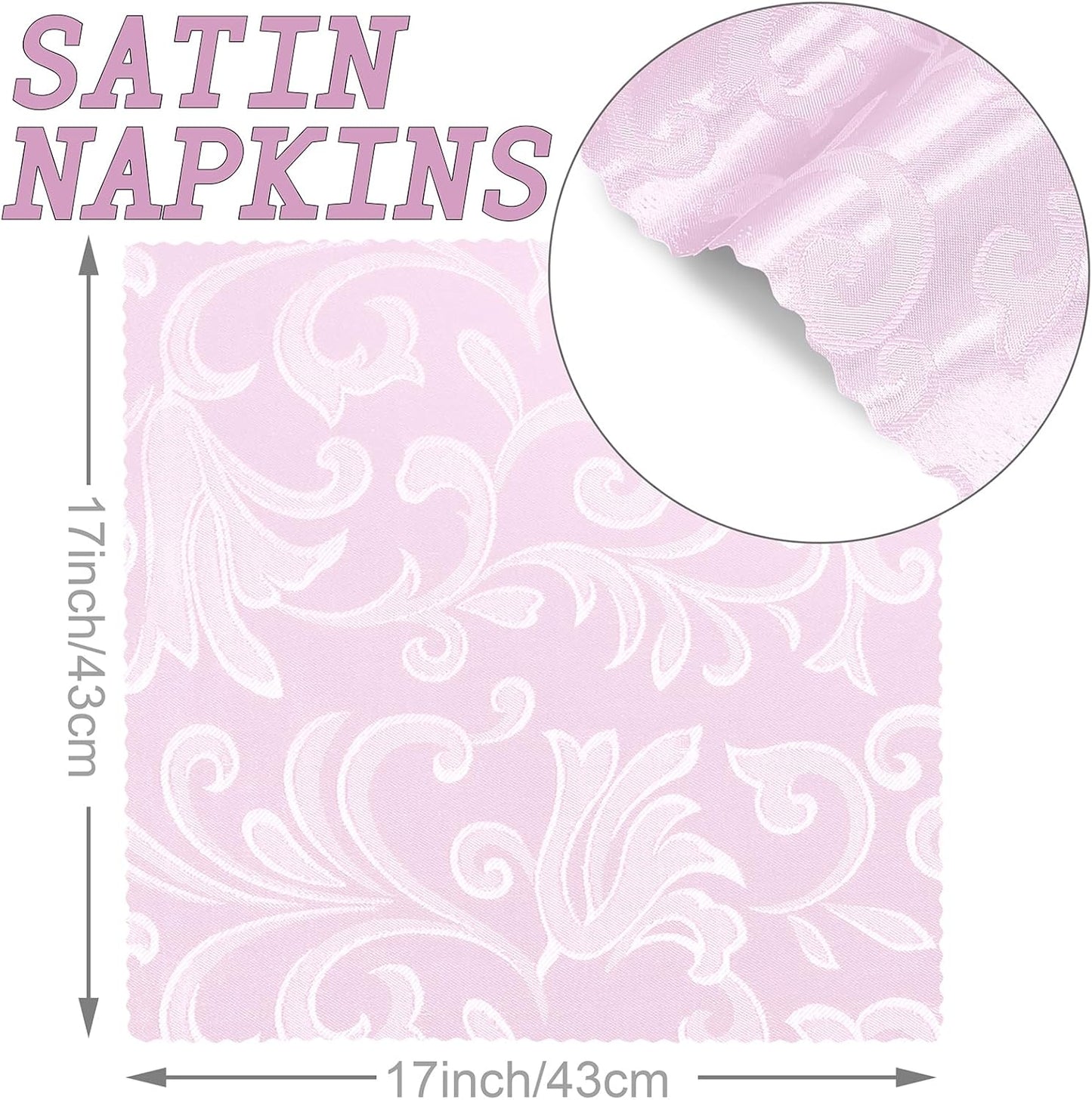 12 Pack Blush Pink Satin Napkins 17 x 17 Inch - Silky Soft Jacquard Damask Table Cloth Set, Square Fabric Dinner Napkins for Wedding, Banquet, Party Decoration