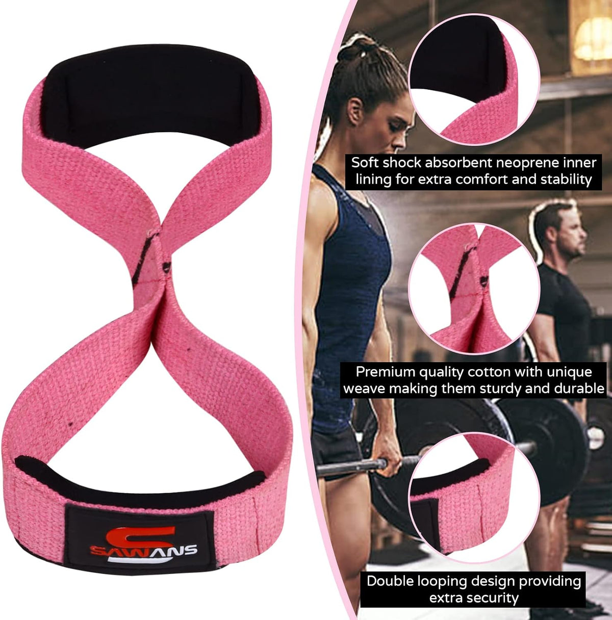SAWANS Lifting Straps Padded Grip Figure 8 Wrist Straps Weight Heavy Duty Double Loop Bodybuilding Training Gym Straps Hand Bar Non Slip Deadlift Support Strong Cuffs Powerlifting