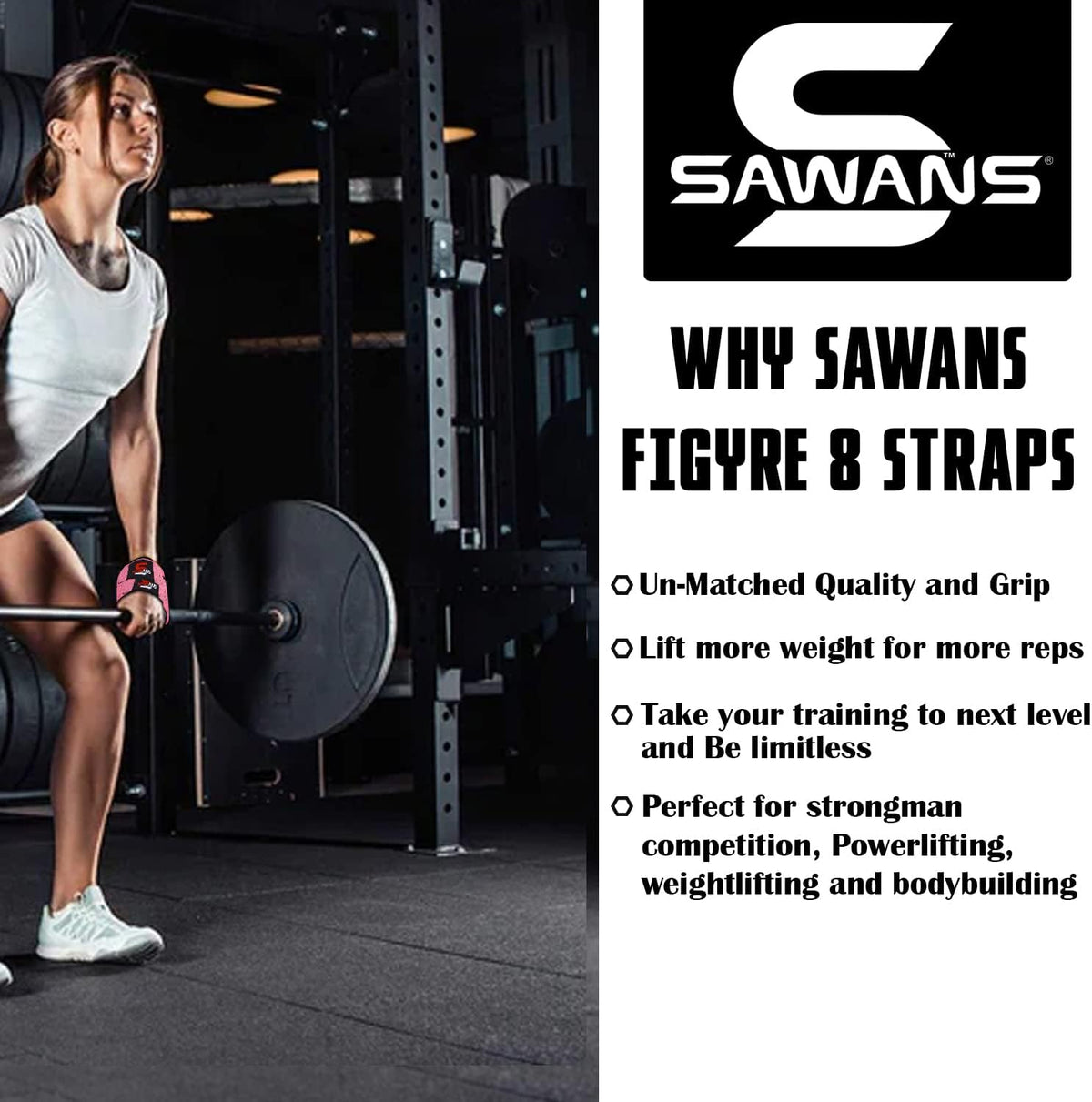 SAWANS Lifting Straps Padded Grip Figure 8 Wrist Straps Weight Heavy Duty Double Loop Bodybuilding Training Gym Straps Hand Bar Non Slip Deadlift Support Strong Cuffs Powerlifting