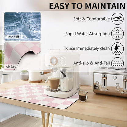 Dish Drying Mat for Kitchen Counter,16"x 24" Super Absorbent Kitchen Dish Drying Pad, Heat Resistant Drainer Mats with Non-slip Rubber Backed, Pink Checkered Coffee Bar Station Accessories