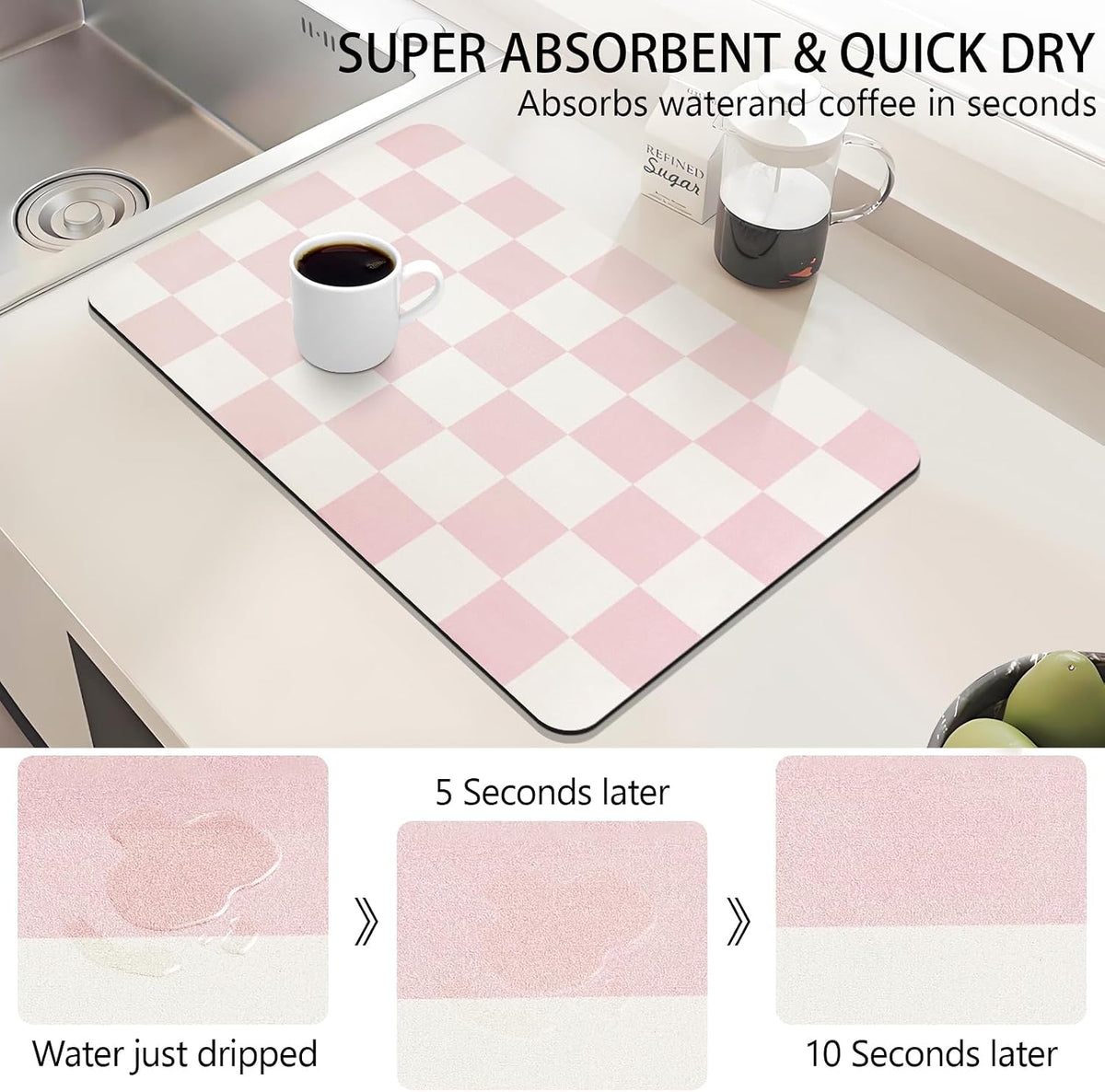 Dish Drying Mat for Kitchen Counter,16"x 24" Super Absorbent Kitchen Dish Drying Pad, Heat Resistant Drainer Mats with Non-slip Rubber Backed, Pink Checkered Coffee Bar Station Accessories
