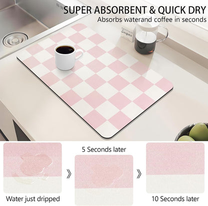 Dish Drying Mat for Kitchen Counter,16"x 24" Super Absorbent Kitchen Dish Drying Pad, Heat Resistant Drainer Mats with Non-slip Rubber Backed, Pink Checkered Coffee Bar Station Accessories