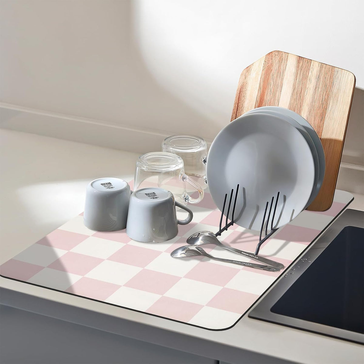 Dish Drying Mat for Kitchen Counter,16"x 24" Super Absorbent Kitchen Dish Drying Pad, Heat Resistant Drainer Mats with Non-slip Rubber Backed, Pink Checkered Coffee Bar Station Accessories