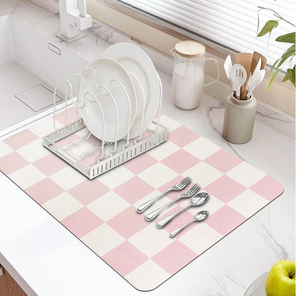 Dish Drying Mat for Kitchen Counter,16"x 24" Super Absorbent Kitchen Dish Drying Pad, Heat Resistant Drainer Mats with Non-slip Rubber Backed, Pink Checkered Coffee Bar Station Accessories