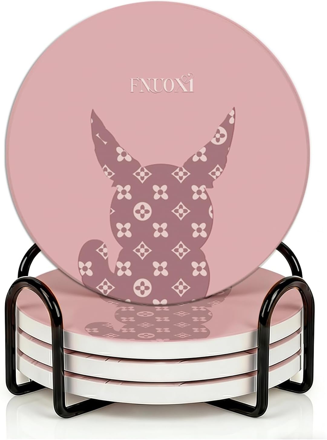Cat Coasters, Ceramic Absorbent Coasters, Cork Back 4pc Set with Metal Holder for Desk