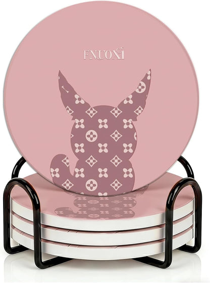 Cat Coasters, Ceramic Absorbent Coasters, Cork Back 4pc Set with Metal Holder for Desk