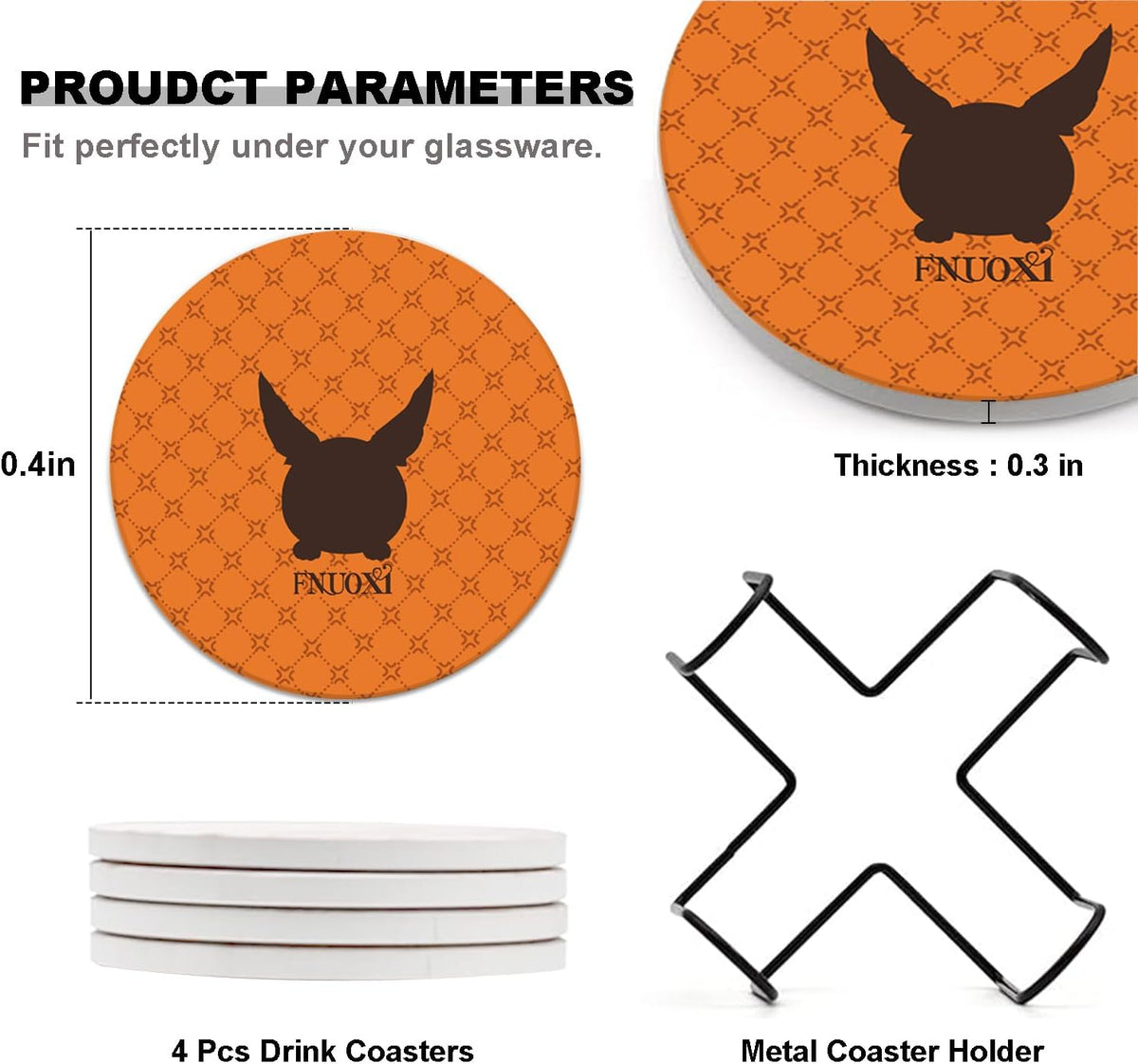 Cat Coasters, Ceramic Absorbent Coasters, Cork Back 4pc Set with Metal Holder for Desk