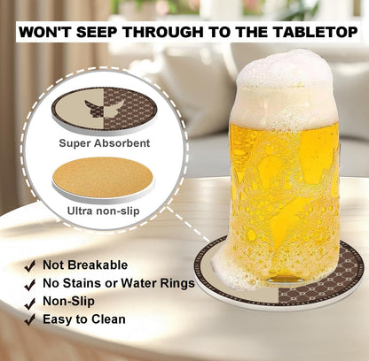 Cat Coasters, Ceramic Absorbent Coasters, Cork Back 4pc Set with Metal Holder for Desk