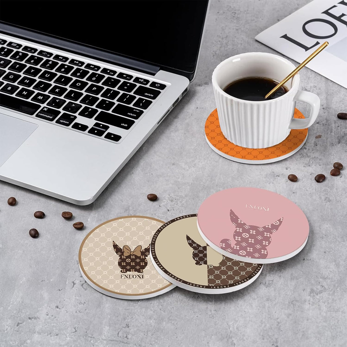 Cat Coasters, Ceramic Absorbent Coasters, Cork Back 4pc Set with Metal Holder for Desk