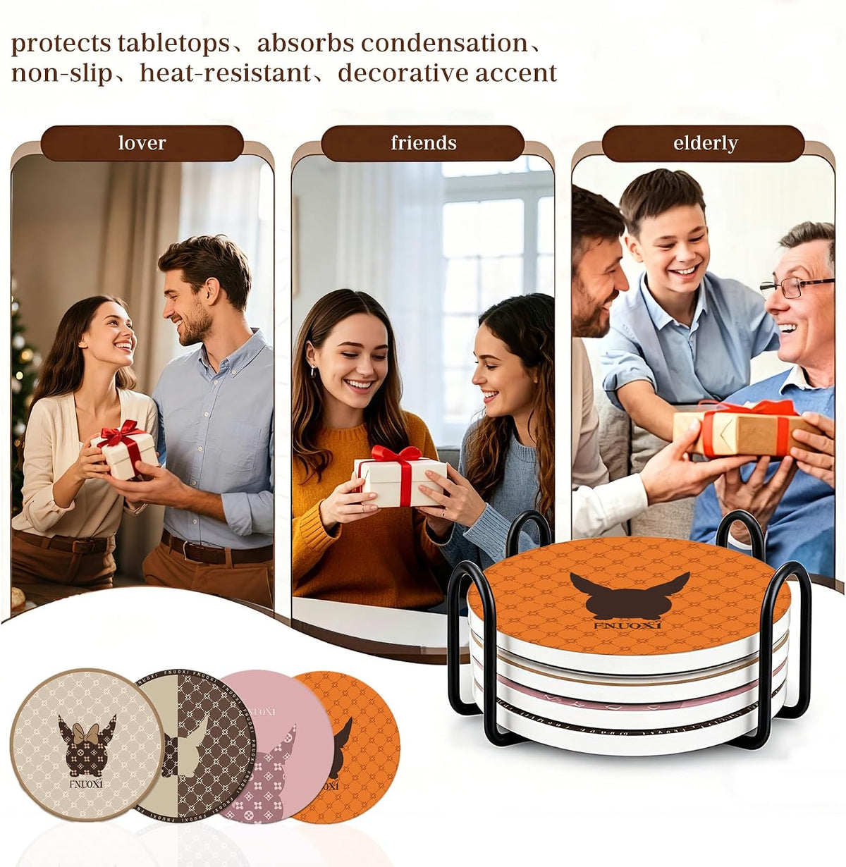 Cat Coasters, Ceramic Absorbent Coasters, Cork Back 4pc Set with Metal Holder for Desk