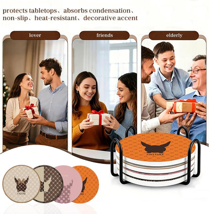 Cat Coasters, Ceramic Absorbent Coasters, Cork Back 4pc Set with Metal Holder for Desk