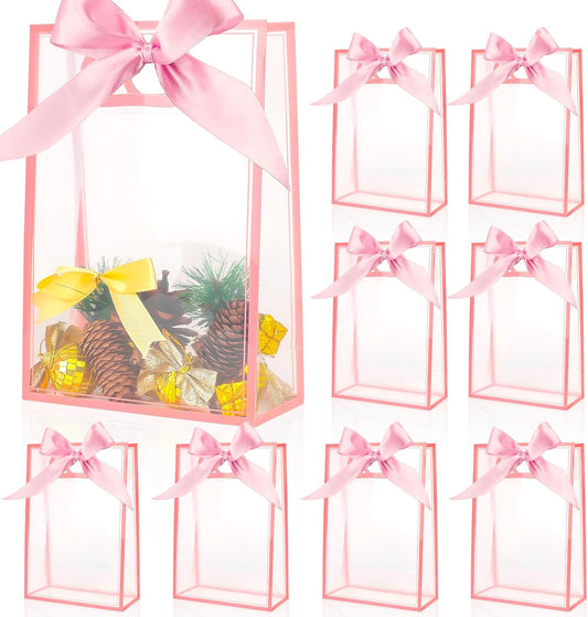 Clear Gift Bags with Handle, 8 PCS PVC Gift Bag with Ribbon Bow for Christmas Easter Wedding Baby Shower Birthday Party(Pink)