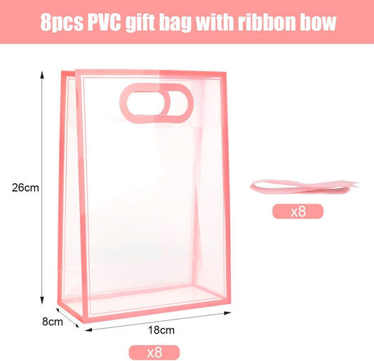 Clear Gift Bags with Handle, 8 PCS PVC Gift Bag with Ribbon Bow for Christmas Easter Wedding Baby Shower Birthday Party(Pink)