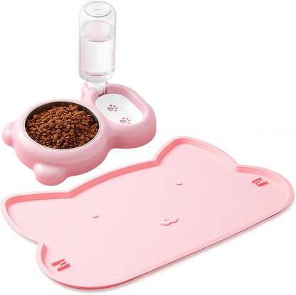 Pink Cat Food and Water Bowl and Non-Slip Silicone Mat Set