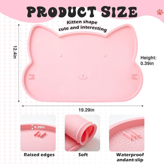 Pink Cat Food and Water Bowl and Non-Slip Silicone Mat Set