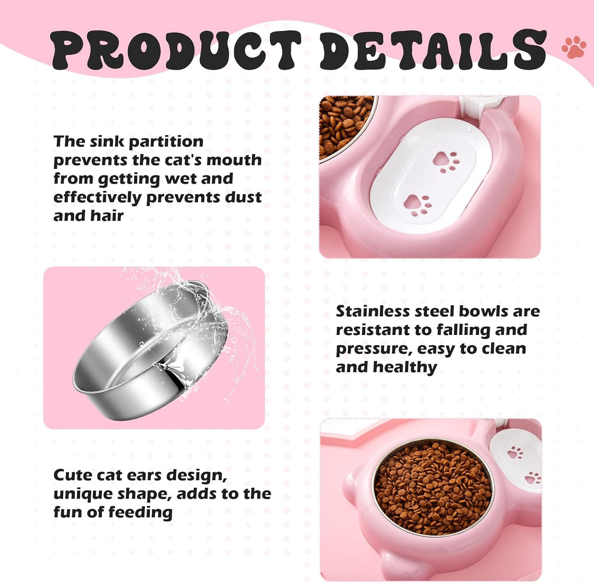 Pink Cat Food and Water Bowl and Non-Slip Silicone Mat Set