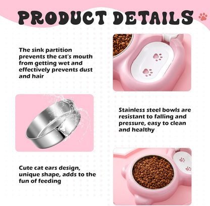 Pink Cat Food and Water Bowl and Non-Slip Silicone Mat Set