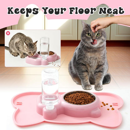 Pink Cat Food and Water Bowl and Non-Slip Silicone Mat Set