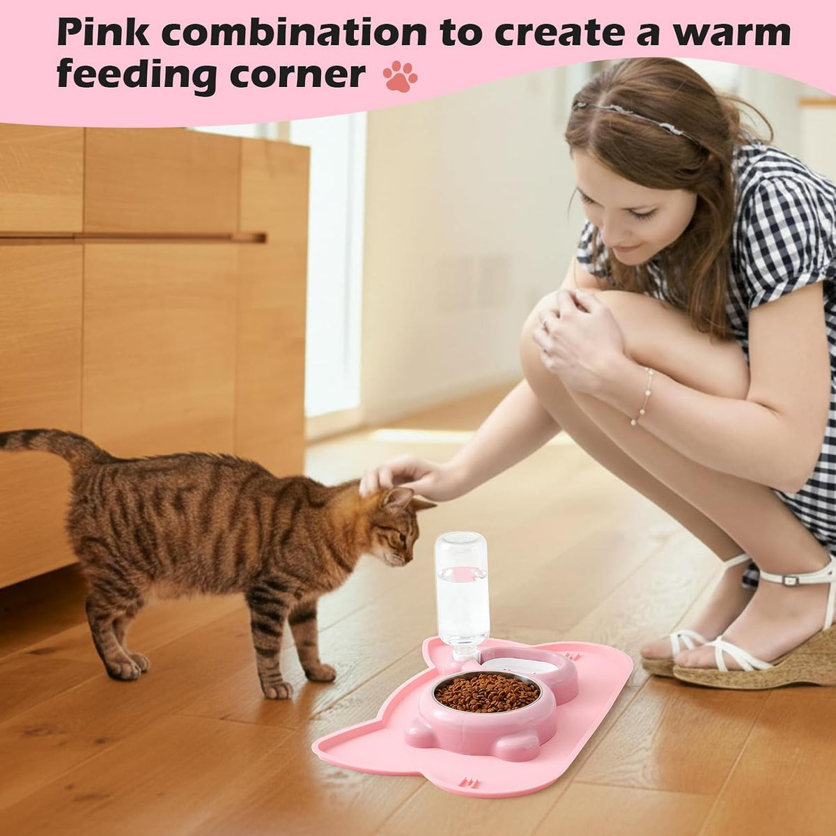 Pink Cat Food and Water Bowl and Non-Slip Silicone Mat Set