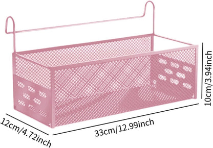 Hanging Storage Basket Iron Mesh Organizer Shelf Bedside Storage Rack Versatile Waterproof Design Suitable for Dormitory College Bedroom Office Home, Pink
