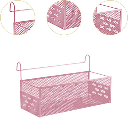 Hanging Storage Basket Iron Mesh Organizer Shelf Bedside Storage Rack Versatile Waterproof Design Suitable for Dormitory College Bedroom Office Home, Pink
