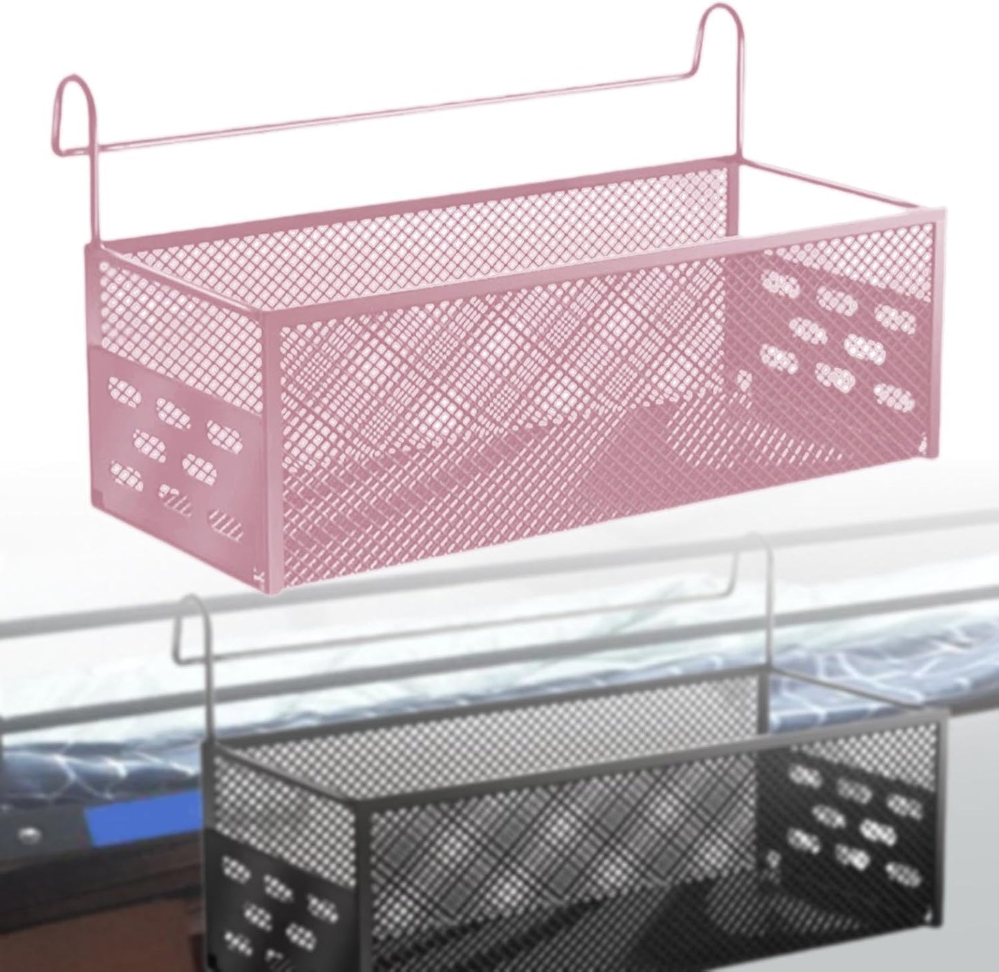 Hanging Storage Basket Iron Mesh Organizer Shelf Bedside Storage Rack Versatile Waterproof Design Suitable for Dormitory College Bedroom Office Home, Pink