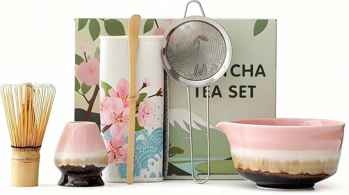 Pink Matcha Whisk Set,Ceramic & Bamboo