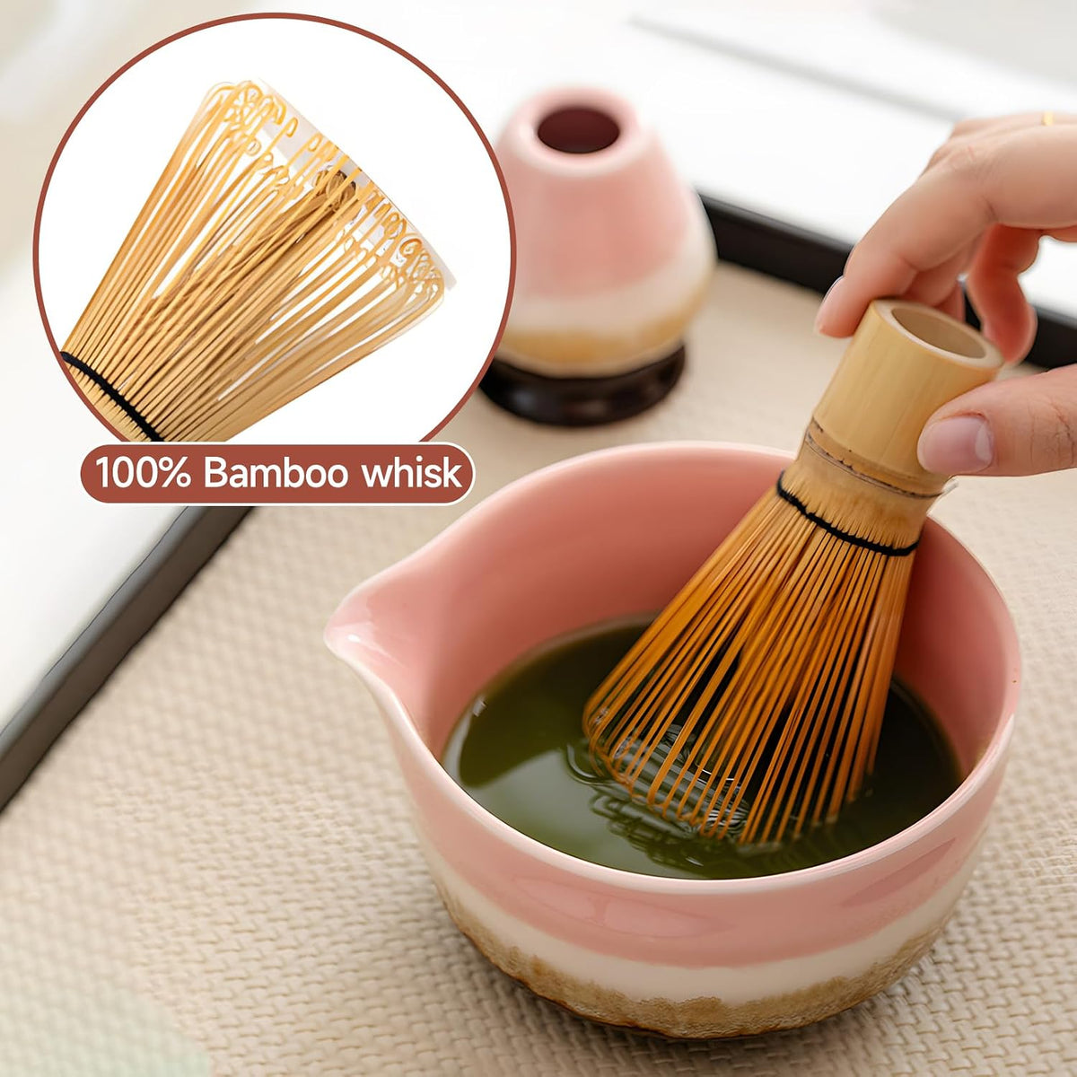 Pink Matcha Whisk Set,Ceramic & Bamboo
