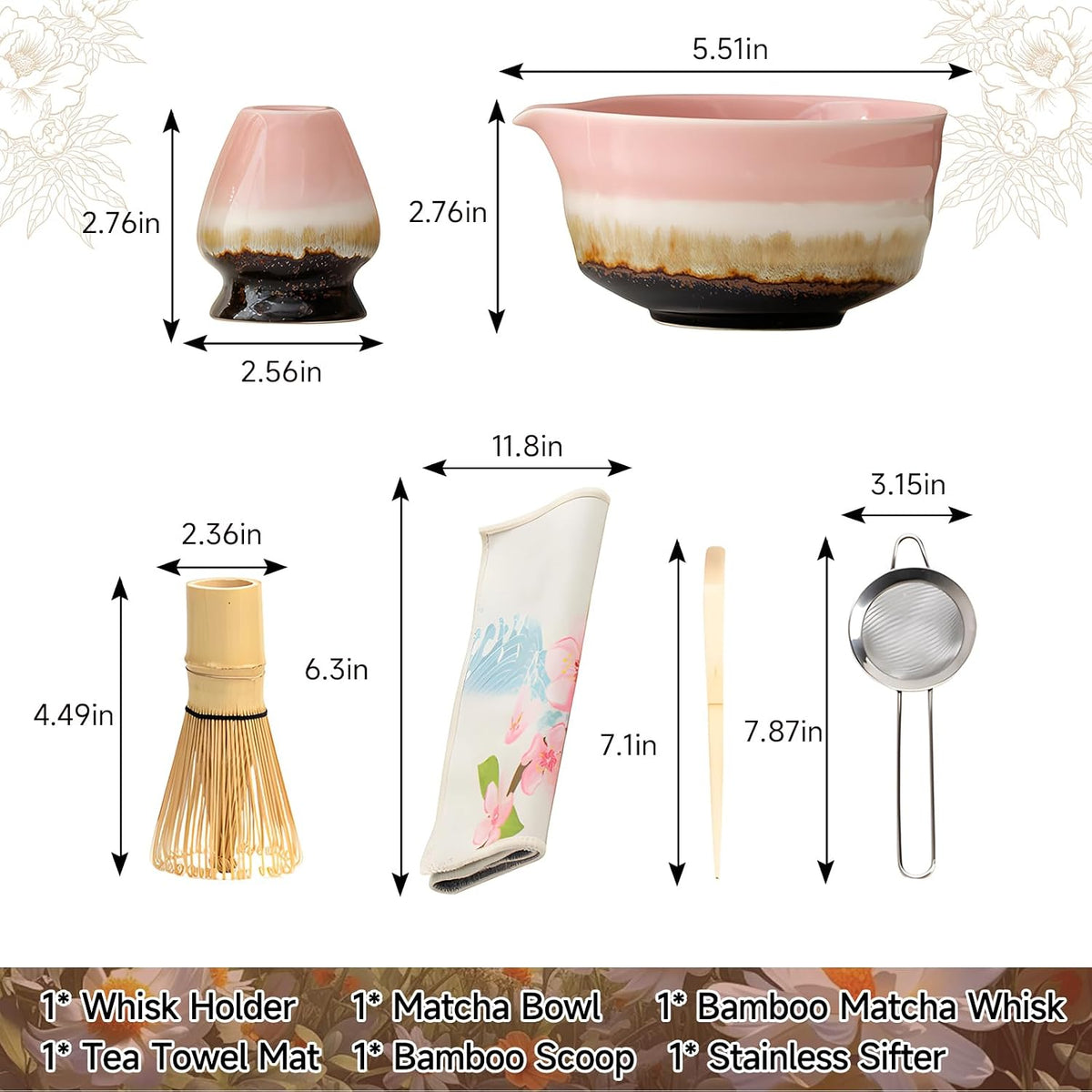 Pink Matcha Whisk Set,Ceramic & Bamboo