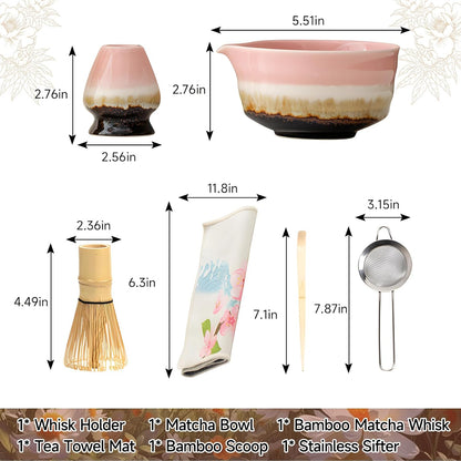 Pink Matcha Whisk Set,Ceramic & Bamboo