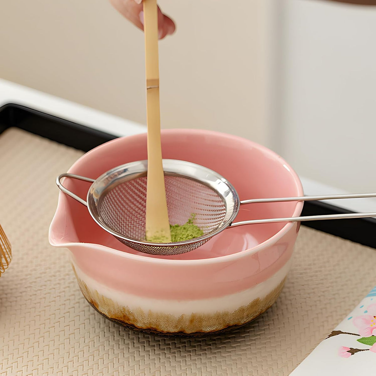 Pink Matcha Whisk Set,Ceramic & Bamboo