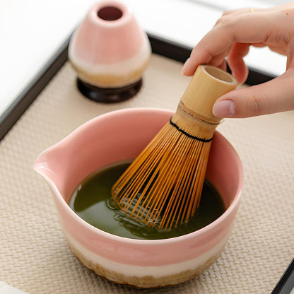 Pink Matcha Whisk Set,Ceramic & Bamboo