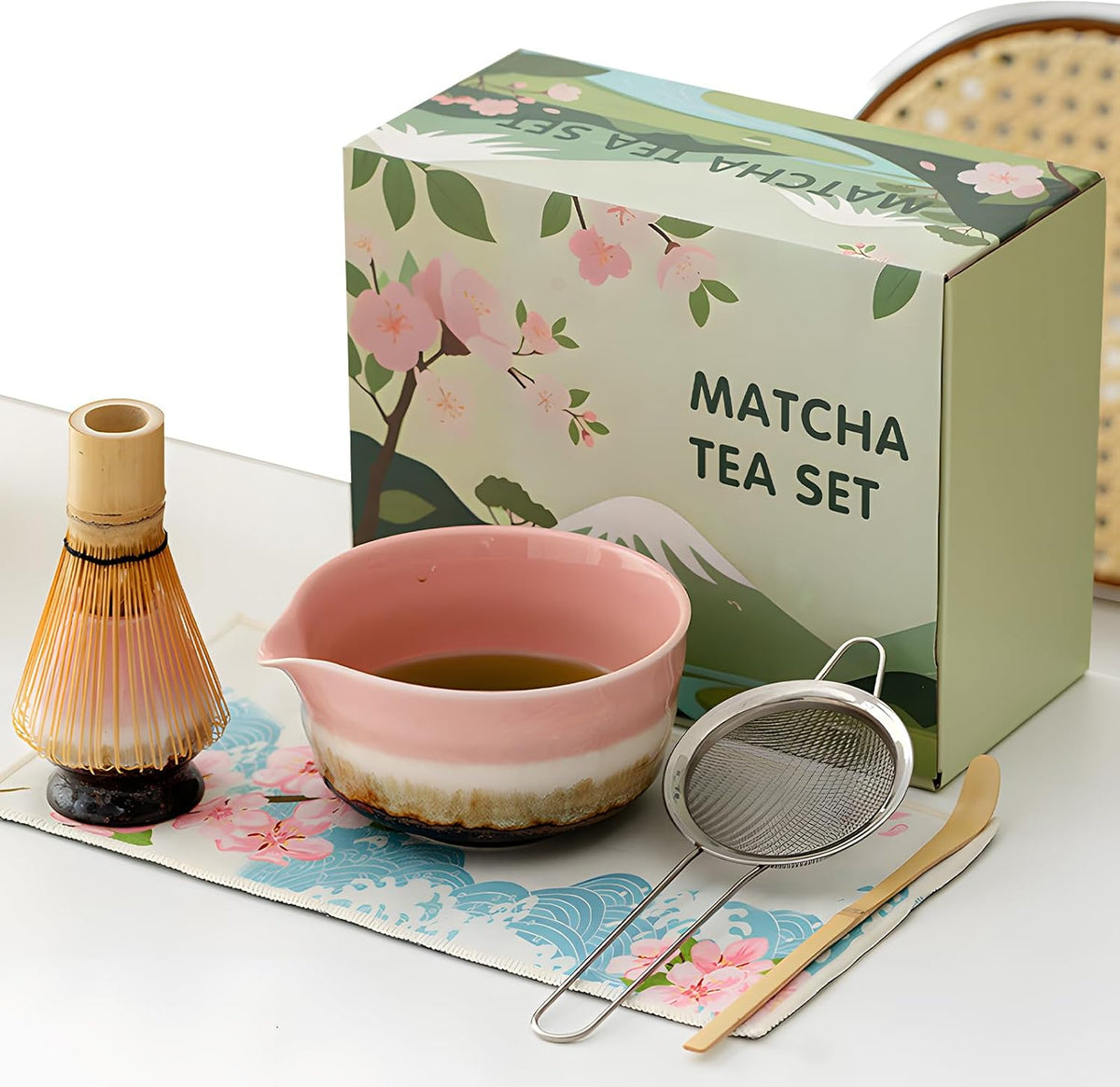 Pink Matcha Whisk Set,Ceramic & Bamboo