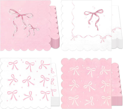 100 Pcs Pink Bow Napkins, Bow Theme Party Decorations Napkin, Scalloped Edge Disposable Guest Hand Towels Coquette Bow Dinner Paper Napkins for Baby Shower Bridal Engagement, 6.5 x 6.5 Inch